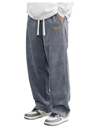 Verdusa Men's Corduroy Pants Drawstring Waist Straight Leg Casual Loose Trousers with Pockets