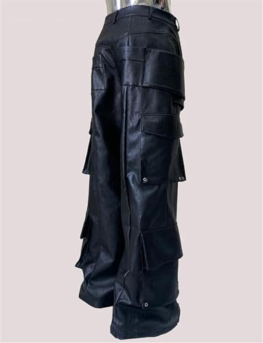 Men's Baggy Black Pu Leather Wide Leg Cargo Pants Multiple Pockets Luxury Designer Streetwear Pant4