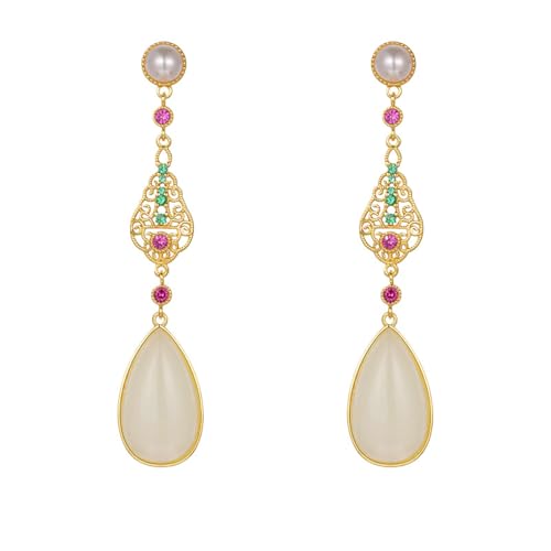 Boucles d'oreilles longues en jade Hetian et perles pour vos soirées habillées
