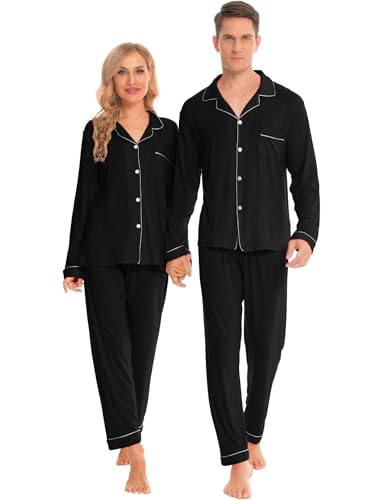 SWOMOG Family Christmas Pajamas Set Women & Men & Kids Long Sleeve Pj Set Party Sleepwear Button-Down Loungewear Set Women Black Medium