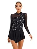 Freebily Women's Figure Ice Skating Dress Long Sleeve Shiny Rhinestones Roller Skating Lyrical Dance Costume Black E Medium