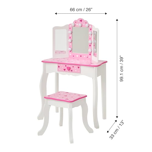 Image of Teamson Kids - Sweethearts Print Gisele Medium Vanity - White /Pink | LED Lights, Tri-Fold Mirror, Stool & Drawer, Pretend Makeup Table, Ages 3+