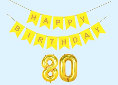 Image of Mystic Toy Store 80th Happy Birthday Decoration Kit Yellow for 80 year Old Women with Number Eighty Party Decorations Decor Celebration Items Item Set Combo Reusable Paper Banner