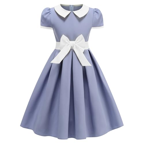 ODIZLI Kids Girls 1950s Retro Vintage Dress Short Puff Sleeve Contrast Panel Swing Party Dresses
