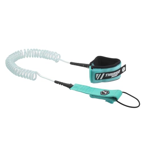 THURSO SURF Premium Stainless Steel Coiled Leash 10 ft – 7mm, Double Stainless Steel Swivel, Anti-Rust, Comfortable Padded Neoprene Cuff, Lightweight SUP Leash (Turquoise)
