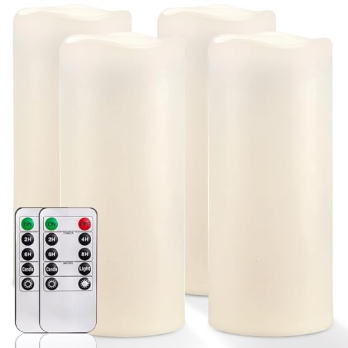Image of Homemory 10 inch x 4 inch Large Waterproof Outdoor Flameless Candles with Remote Control and Timer, Battery Operated Flickering LED Pillar Candles for Outdoor Larterns, Porch, Long Lasting, Set of 4