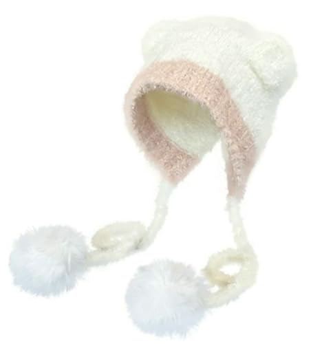 Pocadri Womens Cute Ears Trapper Hat Furry Warm Knitted Beanies Cap Slouchy Crochet Hat Winter Cap with Earflaps White
