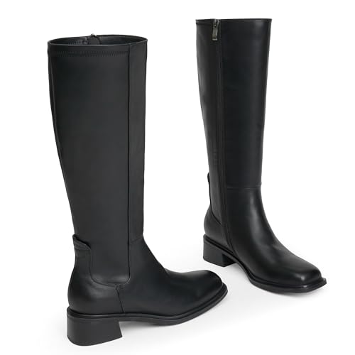 Modatope Knee High Boots for Women Low Heel Square Toe Side Zipper Fall Long Tall Boots Women Faux Leather Elastic Boots3