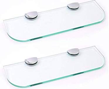 Set di due ripiani in vetro con angoli curvi, spessore 6 mm, in vetro temperato trasparente, per bagno, cucina, camera da letto, 300 x 100 mm (circa 12'), con grandi supporti cromati