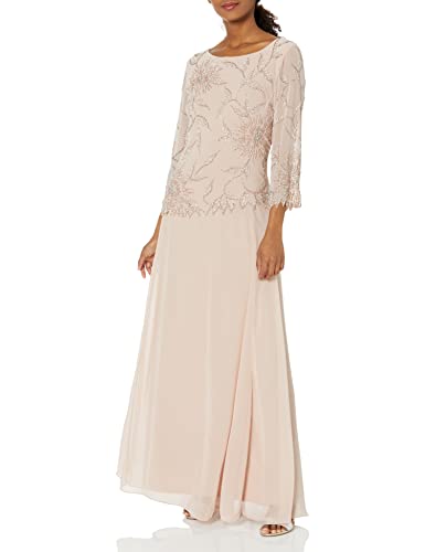 J Kara Women's Scoop Neck Line with 3/4 Sleeve Beaded Top Long Dress
