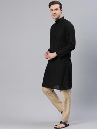 Image of Majestic Man Men's Cotton Blend Regular Fit Casual Polyester Mandarin Collar Ethnic Motifs Embroidered Long Regular Kurta