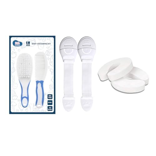 Image of Chipmunks Baby Proofing Finger Pinch Door Guard for Kids Safety, Made in India, Door Stopper Guard for Accidental Door Lock & Slamming for Child, Babies & Pet Safety (Multi, 2 Lock White+2 Door Stopper+1 Grooming Kit Blue)
