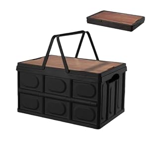 JOFUYU キャンプ 30L(50L) 収納ボックス 折りたたみ 持ち手 木製の蓋付き 收纳 組立簡単 多機能 強い耐荷重 大容量 車載収納 軽量 コンテナ 折り畳み (ブラック)