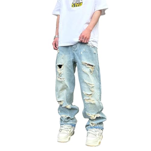 Men Washed Blue Oversized Jeans Wide Leg Jeans Baggy Straight Ripped Denim Pants