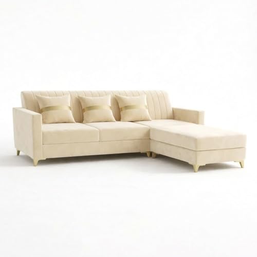 Image of CASASTYLE Groovy 4 Seater L Shape Sofa Set with Movable Ottoman | Flexible Left or Right Layout | Cozy Velvet Fabric | Soft Touch Seating | Modern Designer Sofa for Living Room (Cream)