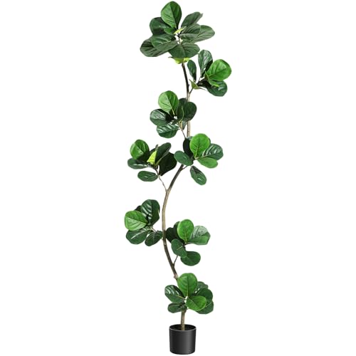 S-Shape Artificial Fiddle Leaf Fig Tree, 7 ft Tall Fake Plant with Black Nursery Planter, Faux Ficus Tree for Home Office Living Room Decor 7ft Set of