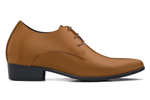 Image of CALTO Men's Invisible Height Increasing Elevator Shoes - Light Brown Patent Leather Lace-up Formal Dress Oxfords - 2.8 Inches Taller - K2728 - Size 6 D(M) US