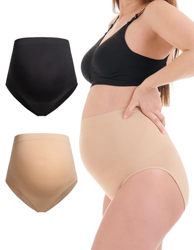 Herzmutter Braguita Premamá - Pack de 2 - Bragas de Maternidad - Ropa Interior Premamá - sin Costuras- 5820 (XL-XXL, Negro/Beige)