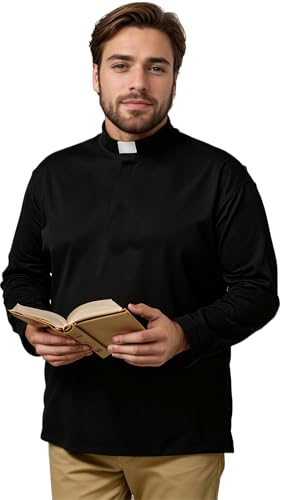 ANDHOM Clergy - Camiseta de manga larga para hombre, cuello con pestañas, ministro y sacerdote, Negro, S