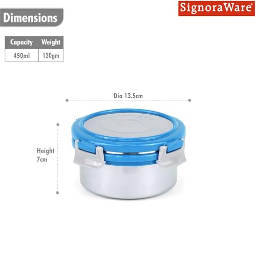 Image of Signoraware Lock N Store Stainless Steel Round Container With Steel Lid | Airtight & Leakproof | Compact & Durable | Ideal for Snacks, Office, School & Travel Use (450ml | TBlue)