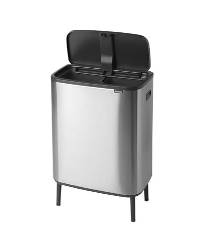 Image of Brabantia Bo Hi Touch Top Kitchen Trash Can with Dual Compartments & Raised Legs | Matt Steel Fingerprint Proof | 2 x 8 Gal Inner Buckets | Soft-Close, Light Touch Opening, Stay-Open Lid | +Trash Bags