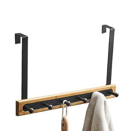 Over The Door Hook Hanger, Bamboo Coat Rack with 6 Metal Hooks , Heavy Duty Door Hanger, Hanging Back of Bathroom Bedroom Door, Wood Clothes Organizer for Coat, Towels, Bags, Robes (Color:Black)