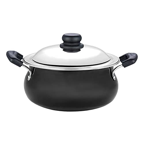 Vinod Black Pearl Hard Anodised Handi – Stainless Steel Lid – Junior Size – 3 Liters (3.2 Quarts) – Suitable For Biryani, Pulao, Gravy, Curry – Aluminium Pot – Riveted Handles - Metal Spoon Friendly