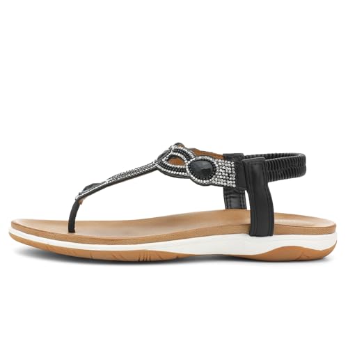 Image of UBFEN Womens Flat Sandals with Arch Support - T-Strap Thong Sandals with Elastic Back Strap, Comfortable for Walking, Bling, Rhinestone, Dressy