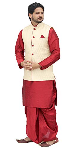 Image of Red Kurta Dhoti With Golden Jacket