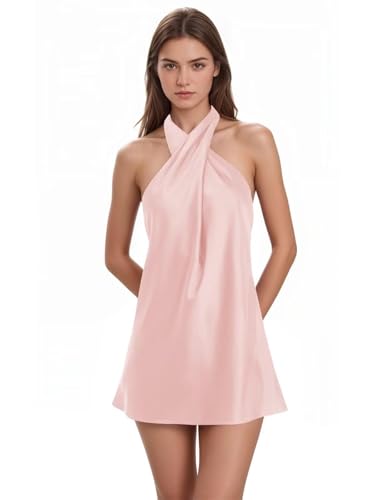 TIRAS Satin Halter Neck Homecoming Dress for Teens 2025 Short Backless Formal Cocktail Party Dresses CM455