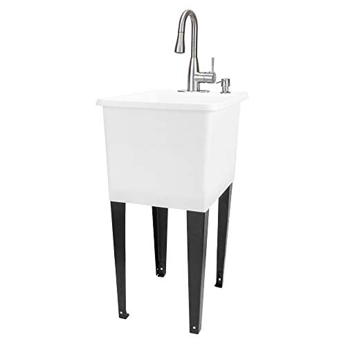 Image of White Space Saver Utility Sink by JS Jackson Supplies, Freestanding Tehila Space Saving Laundry Tub, Stainless Steel Pull-Down Faucet, Soap Dispenser