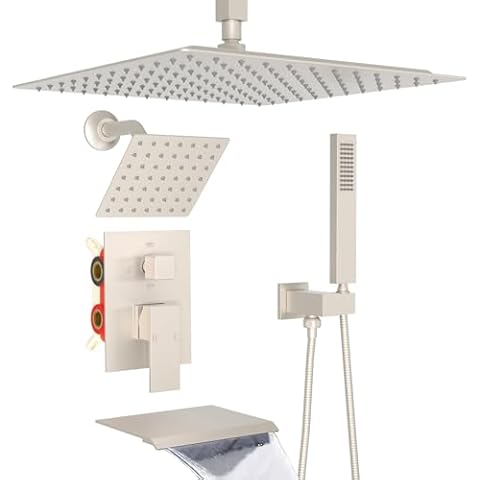 ENGA Dual Shower Head System with Tub Spout, Ceiling Mount 12 Inch Shower Head with 6 Inch Wall Mount Shower Head Shower Faucet Set, Brushed Nickel Cover