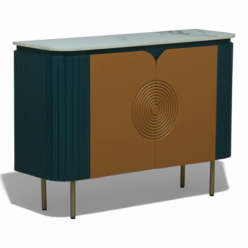 Image of Solid Wood Mandala Sideboard Cabinet with Sintered Stone Top for Living Room | Premium Acrylic Emerald Green and Terracotta Brown Finish | 119.8 x 39.8 x 85 cm