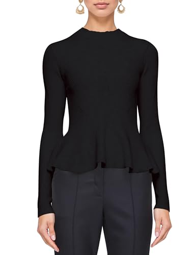 Womens Peplum Hem Crew Neck Sweater Basic Slim Fit Long Sleeve Ribbed Tunic Tops