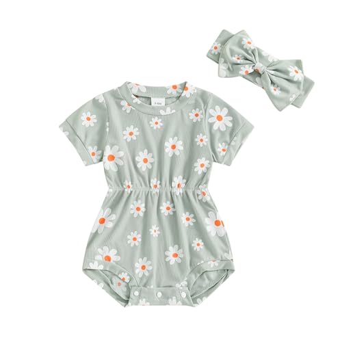 Image of Lesimsam Newborn Baby Girl Clothes Floral Short Sleeve Ribbed Romper Bodysuit One Piece Jumpsuit with Headband Summer Outfit