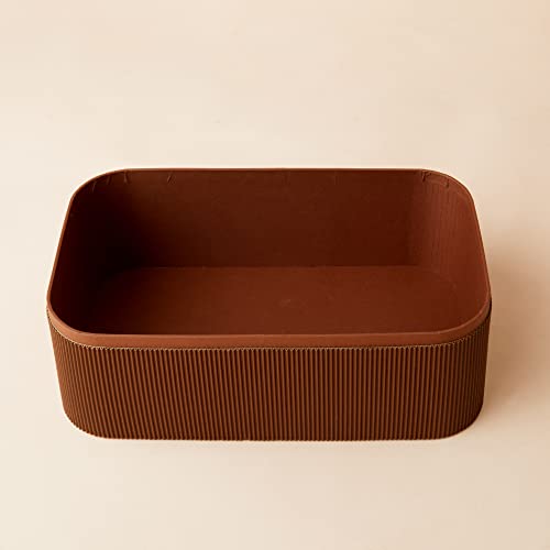 LA JOLIE MUSE Fluted Cardboard Storage Baskets with Leather-Like Lids, Sturdy Stackable Paper Boxes Decorative Tray, Chocolate Brown, Set of 3 - Image 5
