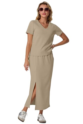 Image of GRECERELLE Women Summer Casual 2 Piece Sets V-Neck Wrinkle-Free Top & Elastic Waist Midi Side Slit Skirt with Pockets