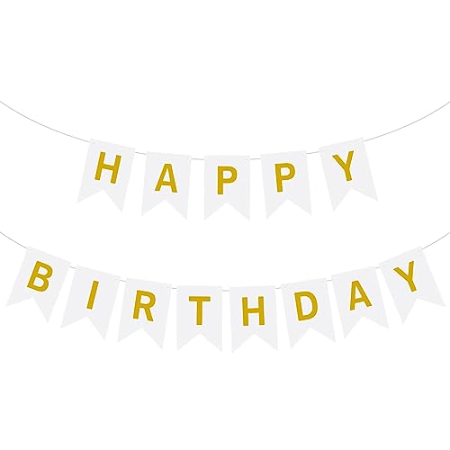 Image of Happy Birthday Banner Decoration with Shiny Letters Glitter White Gold Birthday Banner Sign Birthday Party Decorations Supplies