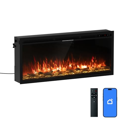 Real Relax 42" Electric Fireplace, Wall Recessed and Wall Mounted with Remote Control, 12 Adjustable Colors, Carbon Bed Colors, Touch Screen, Timer, Speed, Log and Crystal, Black