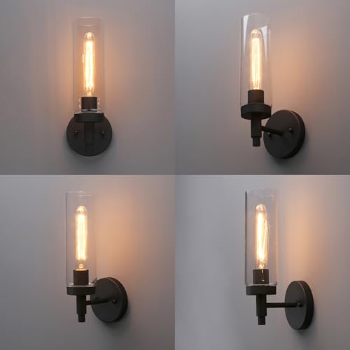 Image of Phansthy Black Rustic Industrial Wall Sconce Light with Tubular Clear Glass Lampshade for Bedroom, Living Room, Dining Room, Kitchen (Single Sconce)