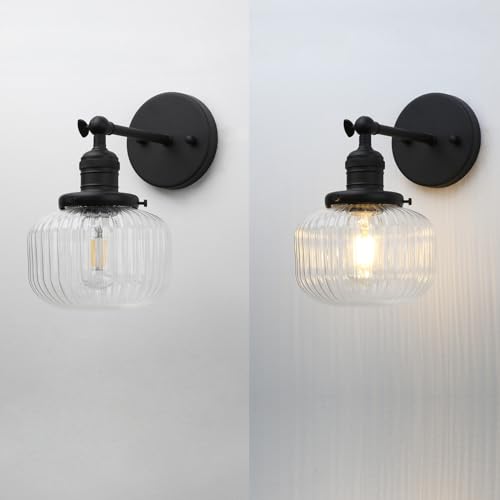 Image of PERMO Single Sconce Vintage Industrial Wall Sconce Lighting with Flate Globe Ribbed Shade (Black)