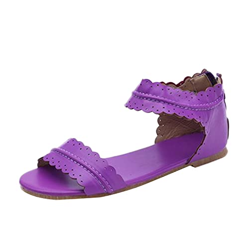 Purple 9.5 Sandals Women Dressy Summer Flat Gladiator Peep toe Floral Retro Cover Heel Buckle Ankle Strap Plus Size