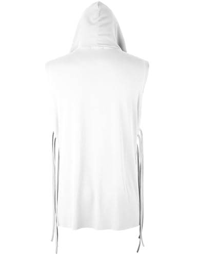 GIVON Men's Long Hooded Cardigan with Cinched Waist Strap Layered Design Sleeveless Cut Off Dark Gothic Style3