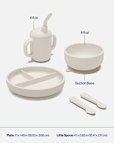Lalo First Bites Silicone Baby Feeding Set - Baby Led Weaning Supplies - Non-Toxic Silicone - Includes 2 Bibs, 2 Spoons, Training Cup, Suction Plate And Bowl - 6 Pieces - Oatmeal #TOP4