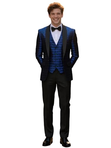 Mens Tuxedo 3 Pieces Slim Fit Suit Blazer Shawl Lapel Jacquard Vest Pants Wedding Party Prom Banquet Performance4