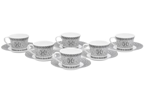 Porcelain Tea Set for 6 - Cups (6 oz) and Saucers - 12 Piece Tea Party Set for Black Tea, Cappuccino or Decor - Gorgeous Mosaic Design with Silver Accents - For All Occasions (12 Piece Set)
