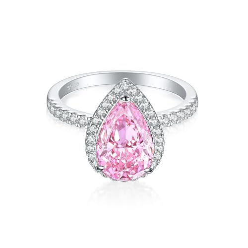 Classic Sparkling 3ct Drop Shaped Teardrop Pink Gemstone Engagement Wedding Halo Ring for Women Cubic Zirconia CZ Promise Pear 925 Sterling Silver Shiny Full Diamond Band Rings for Her (Size 9)