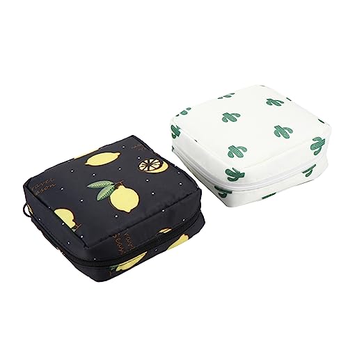 CALLARON Bolsas Portátiles para Toallas Sanitarias y Cosméticos 2 Piezas Tamaño Pequeño Impermeables Multifuncionales para Mujeres Uso Diario Sarga Beige Cactus y Negro Limón