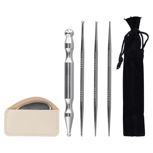 5-teiliges Massage-Werkzeug-Set: 4 Edelstahl-Akupressurstifte und 1 Gua-Sha-Platte für Akupunktur, Triggerpunkt-Therapie und Massage, Silber