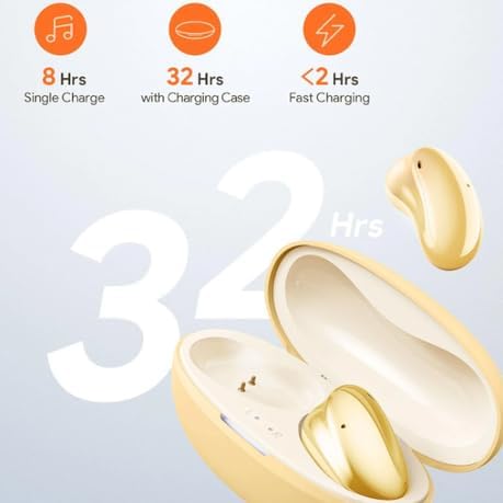 Graphic illustrating JMMO T201 earbud battery life: 8 hours single charge, 32 hours with charging case, less than 2 hours fast charging.